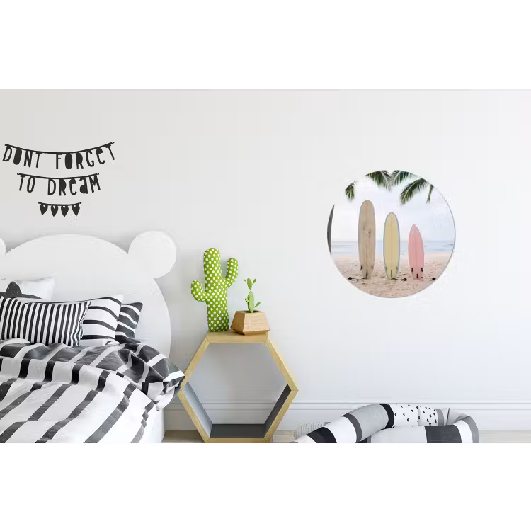 Surfboard - Palmbomen - Kleurrijk Wandcirkel aluminium klein -kinderkamer