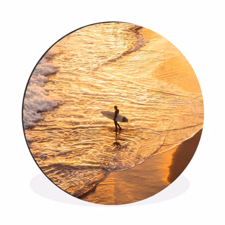 Surfer - Strand - Zonsondergang - Oceaan - Goud Wandcirkel aluminium klein -3d
