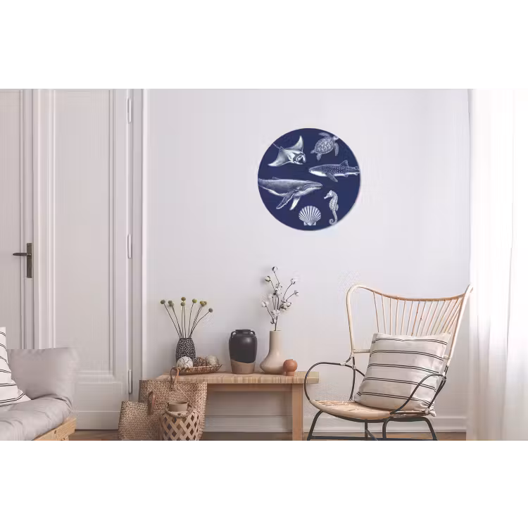 Dieren - Zeeleven - Oceaan - Graveren - Blauw Wandcirkel aluminium klein -woonkamer