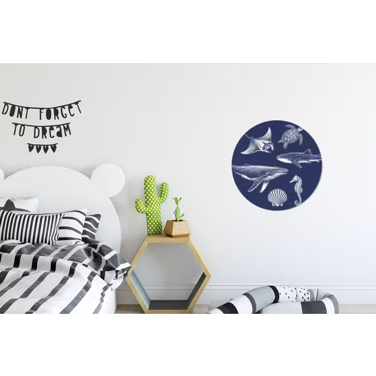 Dieren - Zeeleven - Oceaan - Graveren - Blauw Wandcirkel aluminium klein -kinderkamer