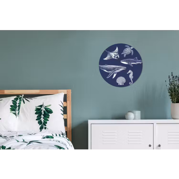 Dieren - Zeeleven - Oceaan - Graveren - Blauw Wandcirkel aluminium klein -slaapkamer
