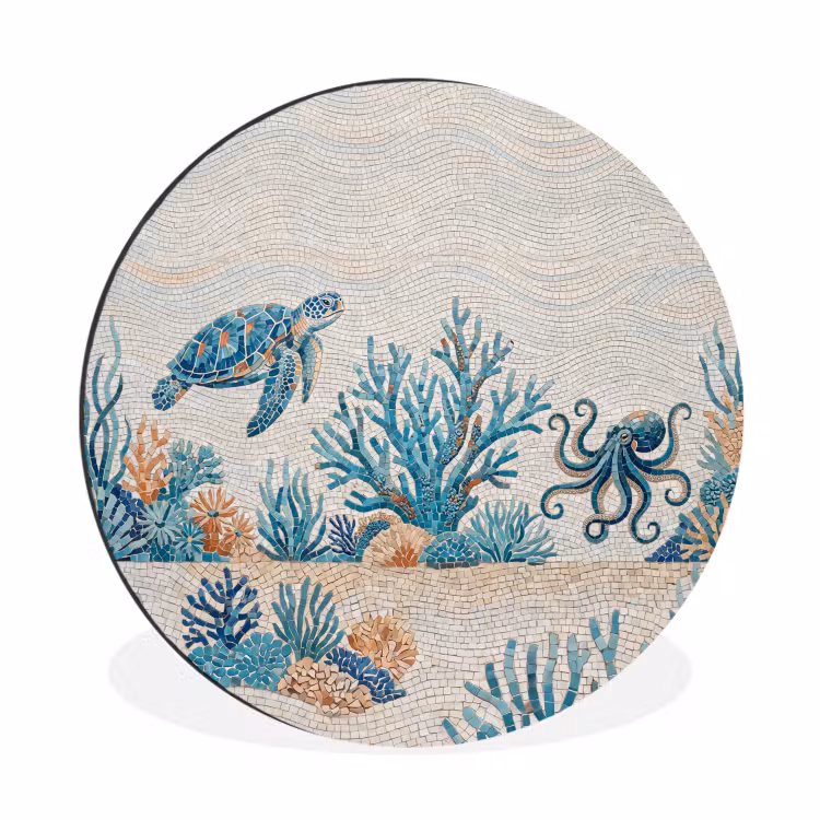 Dieren - Onderwater - Natuur - Mozaïek - Blauw Wandcirkel aluminium klein -3d