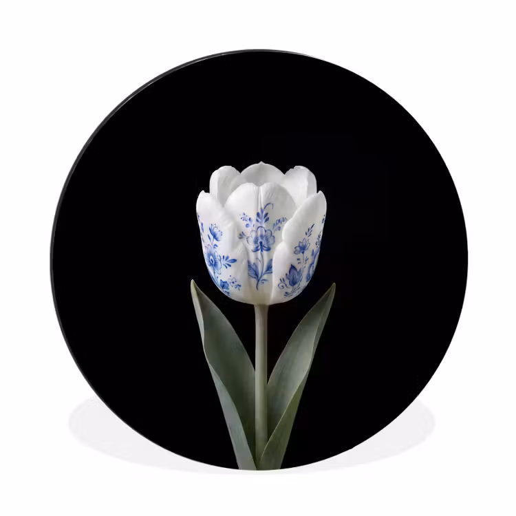 Tulp - Patroon - Blauw Wandcirkel aluminium klein -3d