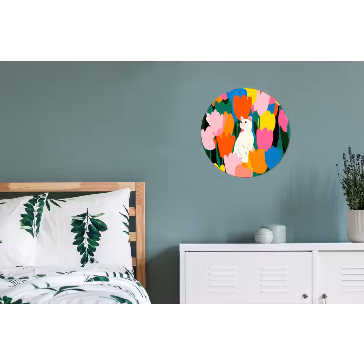 Tulpen - Kat - Kleurrijk Wandcirkel aluminium klein -slaapkamer