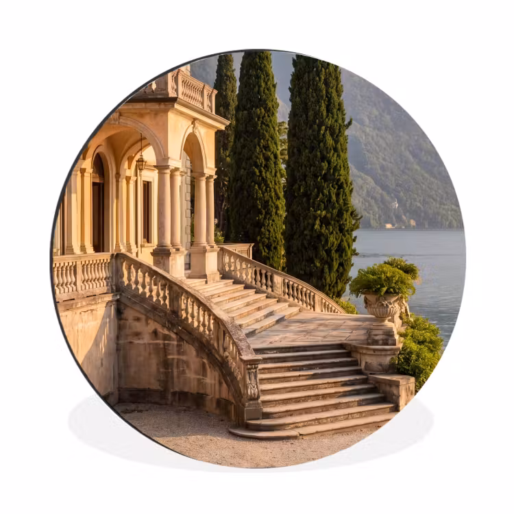 Alu-Dibond-Bild Rund - Villa – Wasser – Treppen - Villa - water -trappen Wandcirkel aluminium klein