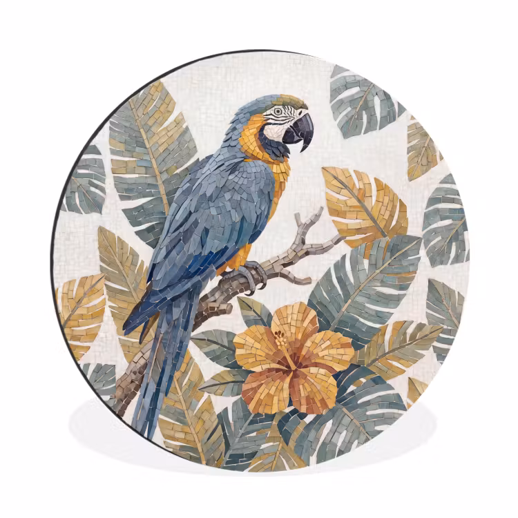 Vogel - Tak - Natuur - Mozaïek - Blauw Wandcirkel aluminium klein -3d