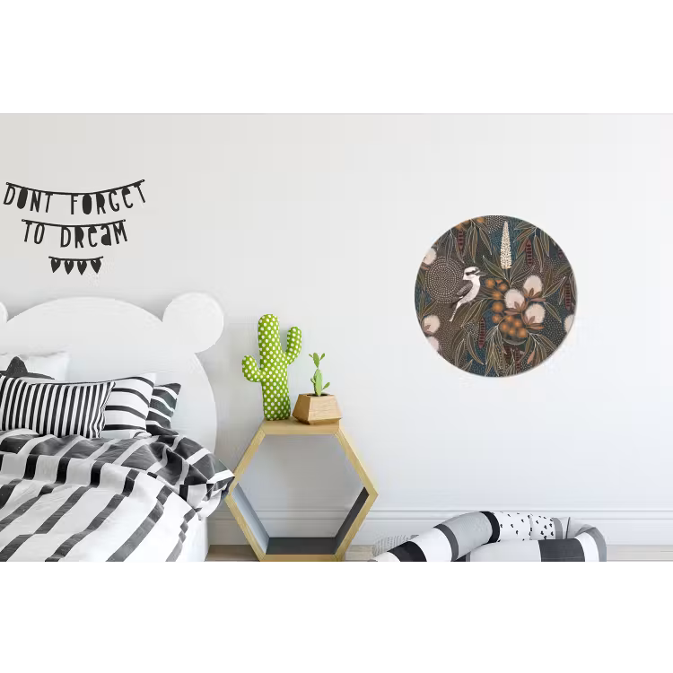 Vogel - Bladeren - Natuur - Illustratie - Groen Wandcirkel aluminium klein -kinderkamer