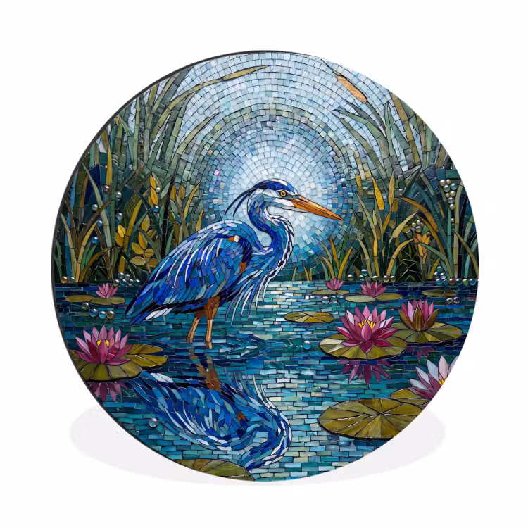 Vogel - Water - Natuur - Abstract - Blauw Wandcirkel aluminium klein -3d