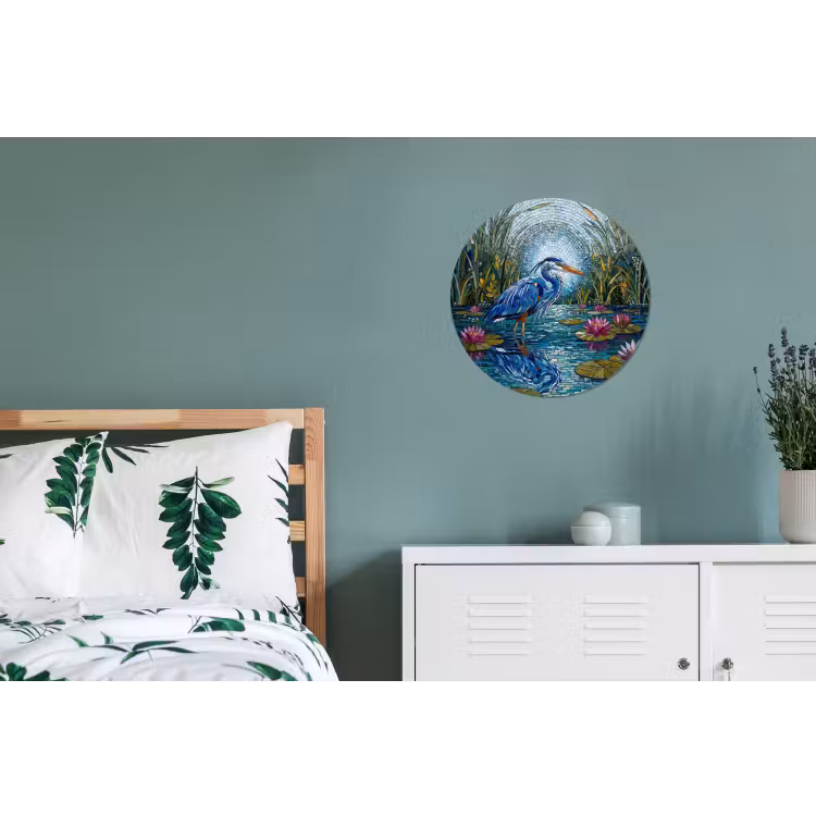 Vogel - Water - Natuur - Abstract - Blauw Wandcirkel aluminium klein -slaapkamer