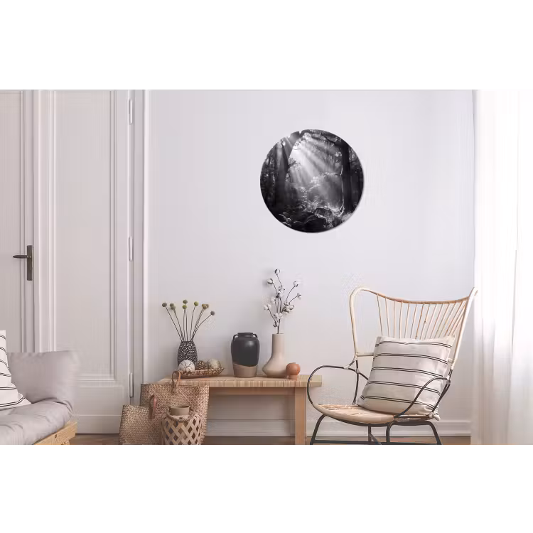 Bos - Lichtstralen - Natuur - Zwart-wit Wandcirkel aluminium klein -woonkamer