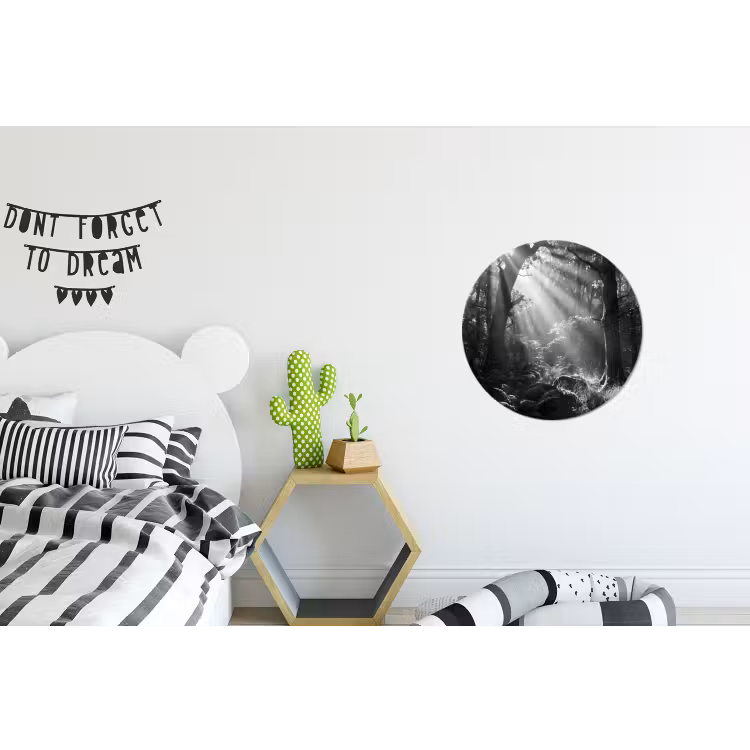 Bos - Lichtstralen - Natuur - Zwart-wit Wandcirkel aluminium klein -kinderkamer