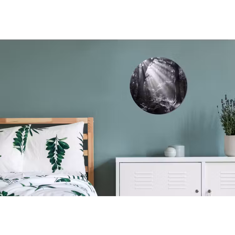 Bos - Lichtstralen - Natuur - Zwart-wit Wandcirkel aluminium klein -slaapkamer