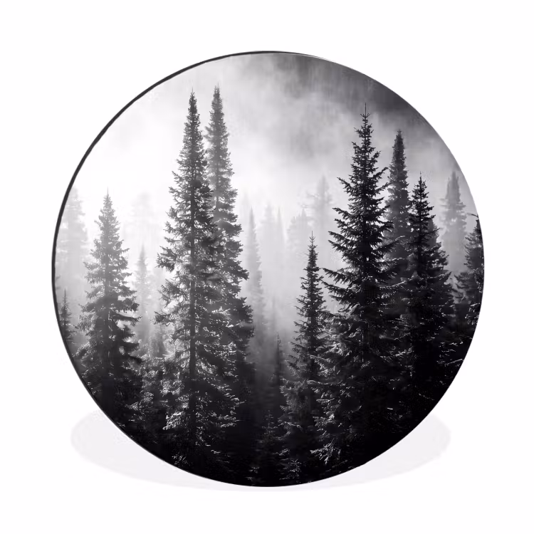 Bos - Mist - Winter - Monochroom - Natuur Wandcirkel aluminium klein -3d
