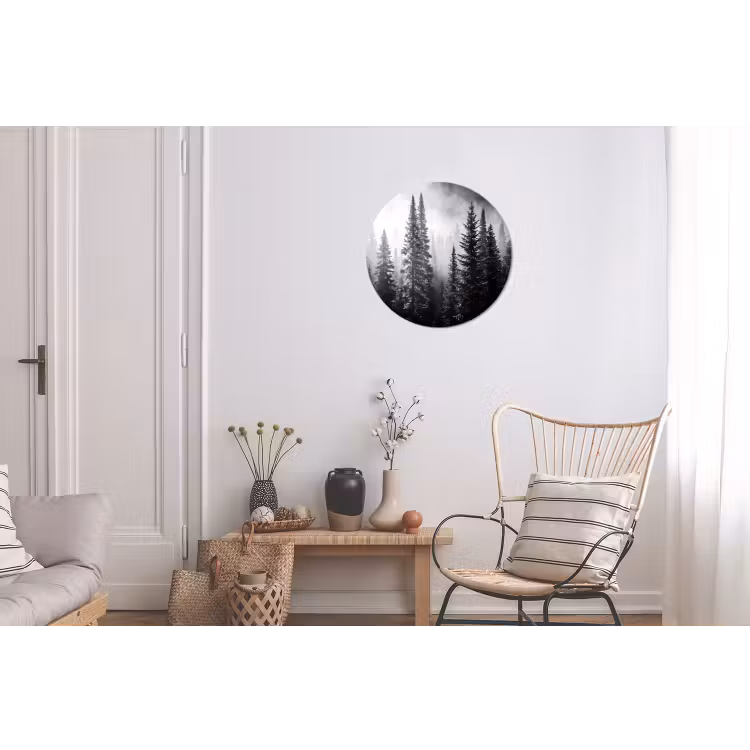 Bos - Mist - Winter - Monochroom - Natuur Wandcirkel aluminium klein -woonkamer