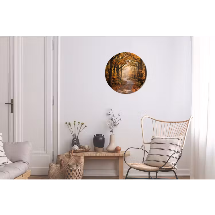 Bospad - Herfstbos - Bladeren - Oranje - Nostalgisch Wandcirkel aluminium klein -woonkamer
