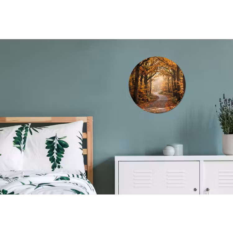 Bospad - Herfstbos - Bladeren - Oranje - Nostalgisch Wandcirkel aluminium klein -slaapkamer