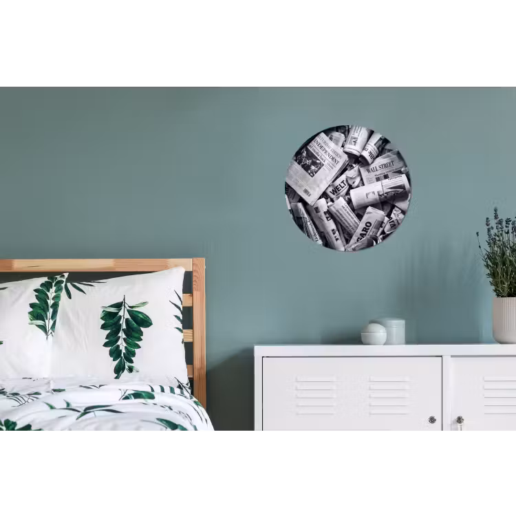 Krant - Stapel - Nieuws - Zwart-wit Wandcirkel aluminium klein -slaapkamer