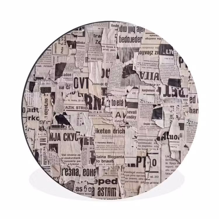 Krant - Gescheurd - Textuur - Abstract - Zwart-wit Wandcirkel aluminium klein -3d