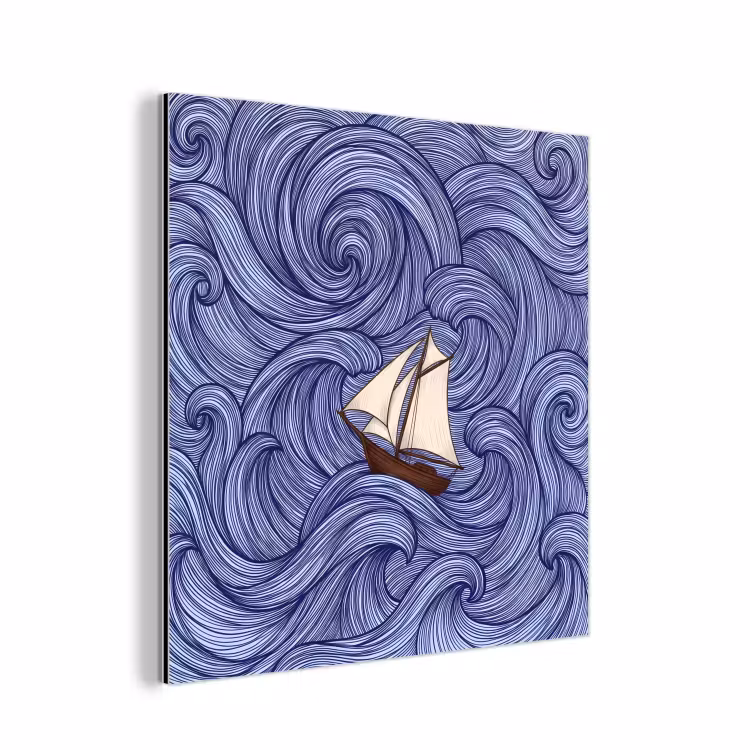Schip - Golven - Zee - Illustratie - Blauw aluminium wit klein -3d