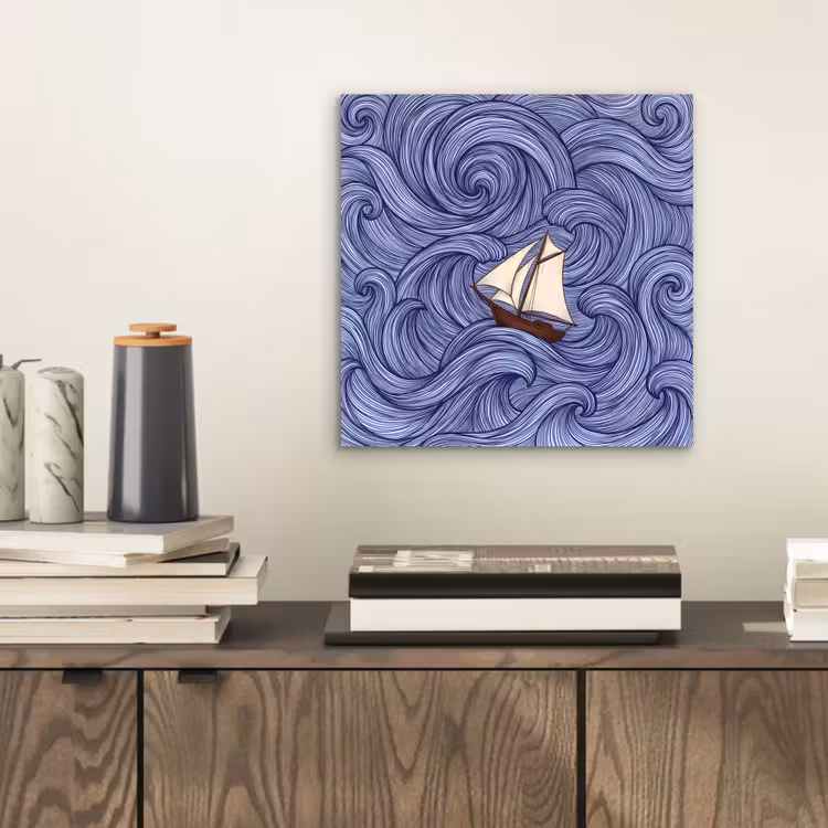 Schip - Golven - Zee - Illustratie - Blauw aluminium wit klein -sfeer1