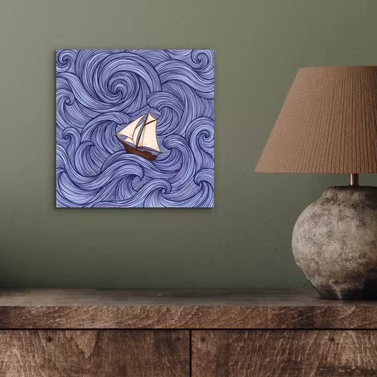 Schip - Golven - Zee - Illustratie - Blauw aluminium wit klein -sfeer2