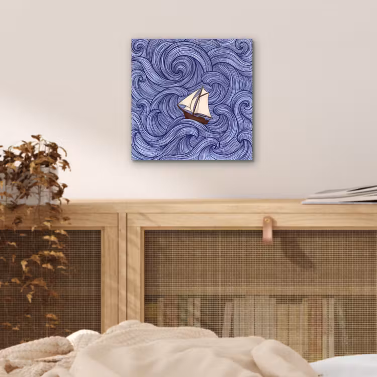 Schip - Golven - Zee - Illustratie - Blauw aluminium wit klein -sfeer3