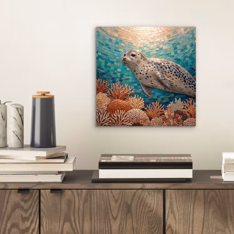 Zeehond - Mozaïek - Onderwater - Dieren - Blauw aluminium wit klein -sfeer1