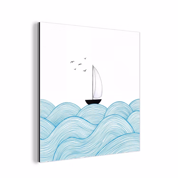 Zeilboot - Golven - Zee - Illustratie - Blauw aluminium wit klein -3d