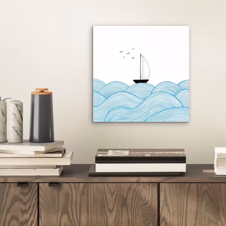 Zeilboot - Golven - Zee - Illustratie - Blauw aluminium wit klein -sfeer1