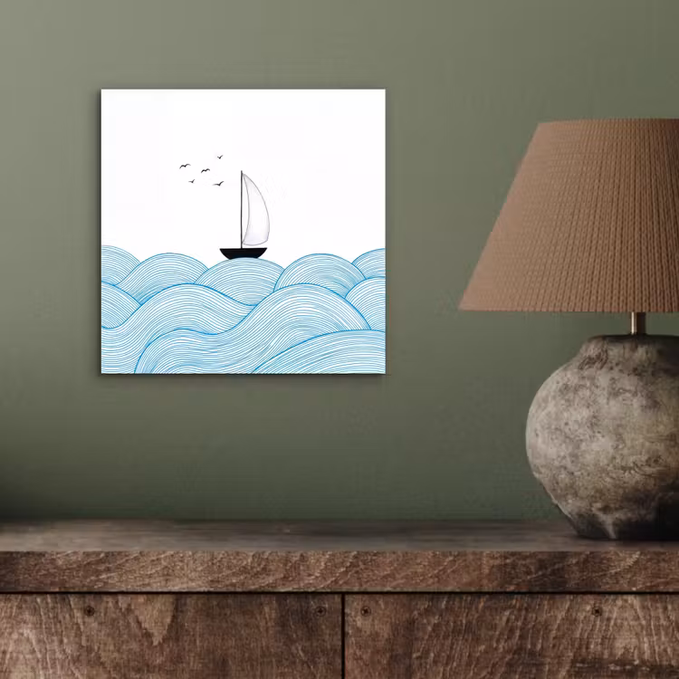 Zeilboot - Golven - Zee - Illustratie - Blauw aluminium wit klein -sfeer2