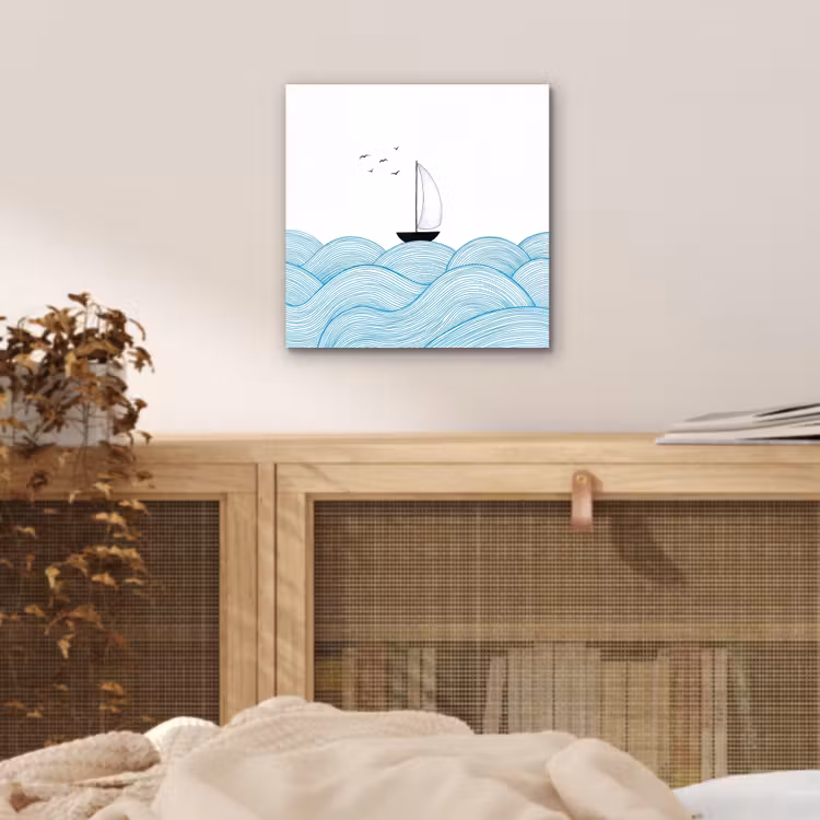 Zeilboot - Golven - Zee - Illustratie - Blauw aluminium wit klein -sfeer3