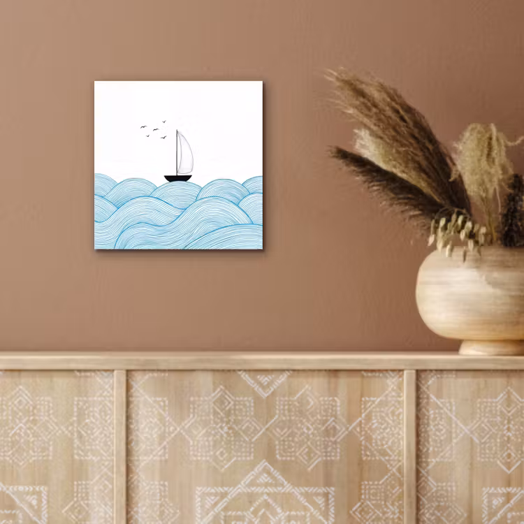 Zeilboot - Golven - Zee - Illustratie - Blauw aluminium wit klein -sfeer4