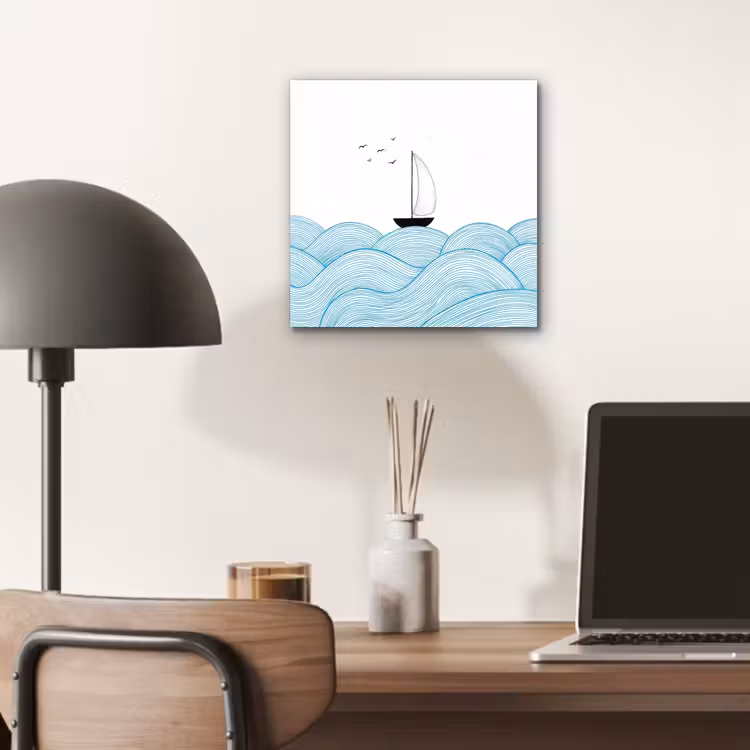 Zeilboot - Golven - Zee - Illustratie - Blauw aluminium wit klein -sfeer5