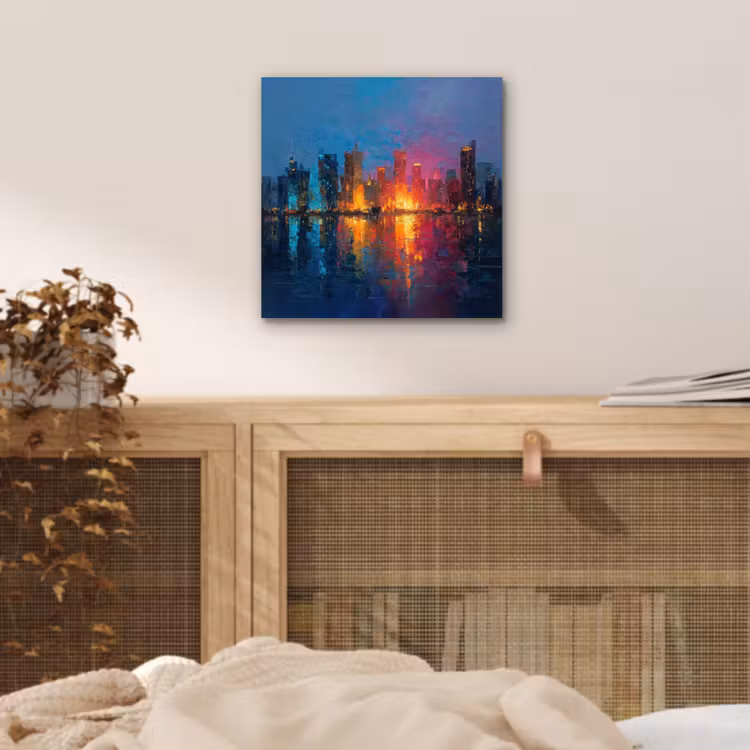 Skyline - Penseelstreken - Donkerblauw - Lichtgevend aluminium wit klein -sfeer3