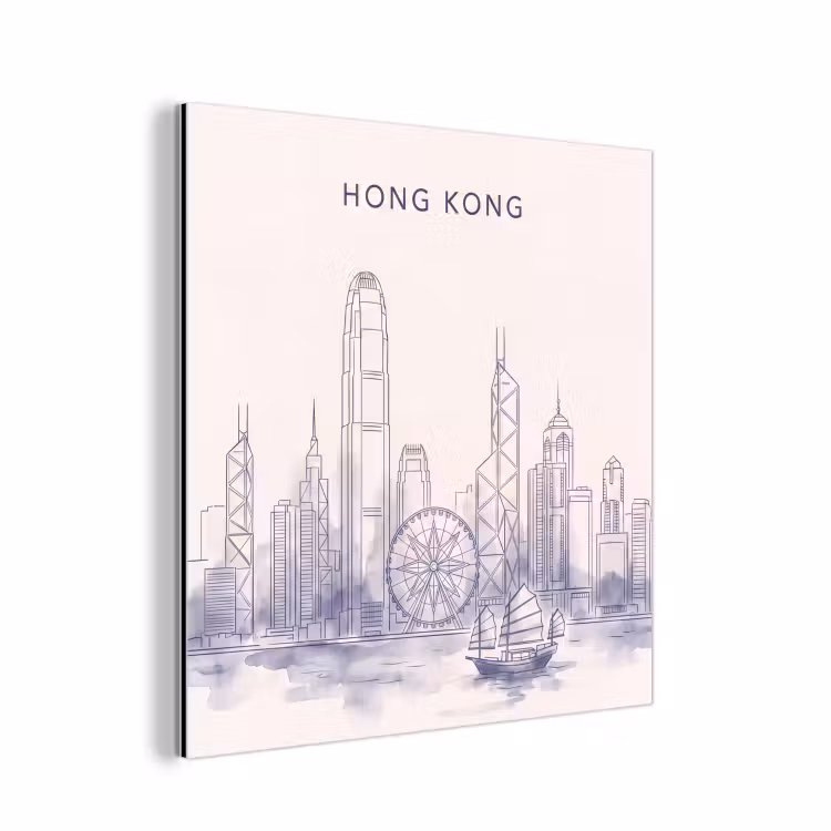 Stad - Skyline - Water - Lijntekening - Blauw aluminium wit klein -3d