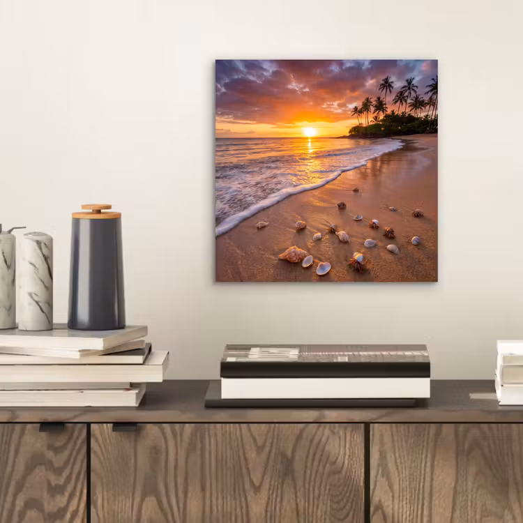 Strand - Zonsondergang - Palmbomen - Natuur - Oranje aluminium wit klein -sfeer1