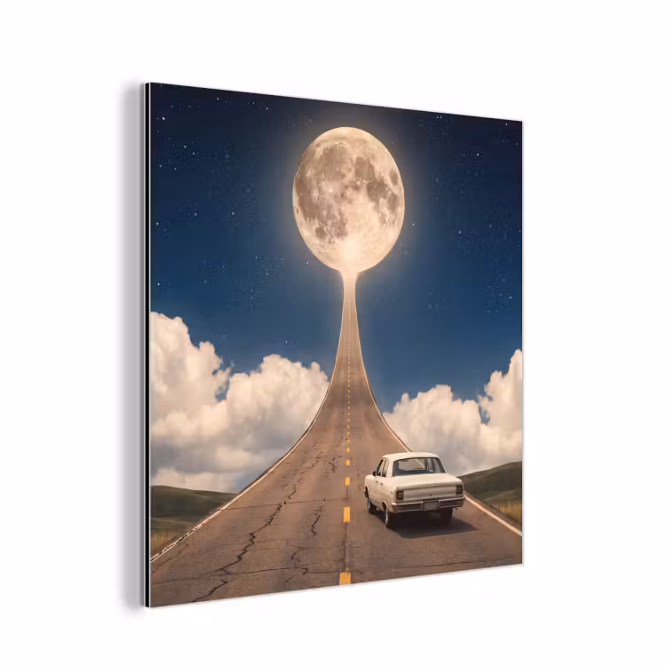 Alu-Dibond-Bild - Straße – Mond – Nacht - Weg - Maan - Nacht aluminium wit klein