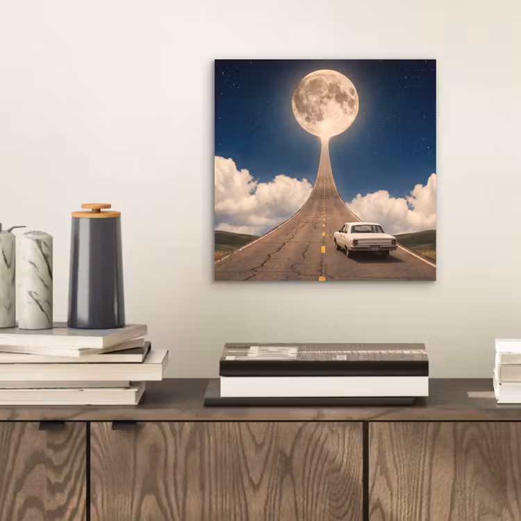 Alu-Dibond-Bild - Straße – Mond – Nacht - Weg - Maan - Nacht aluminium wit klein