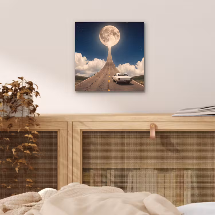 Alu-Dibond-Bild - Straße – Mond – Nacht - Weg - Maan - Nacht aluminium wit klein