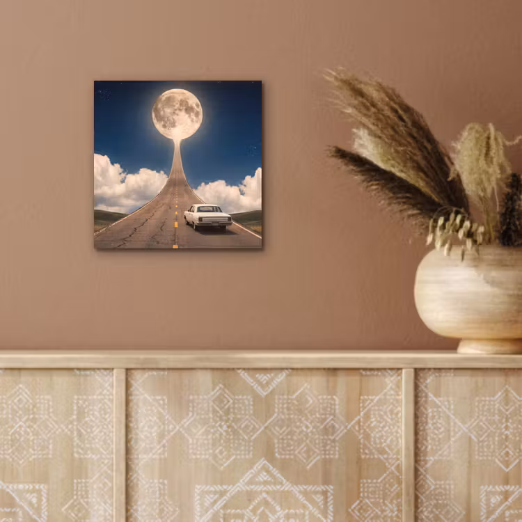 Alu-Dibond-Bild - Straße – Mond – Nacht - Weg - Maan - Nacht aluminium wit klein