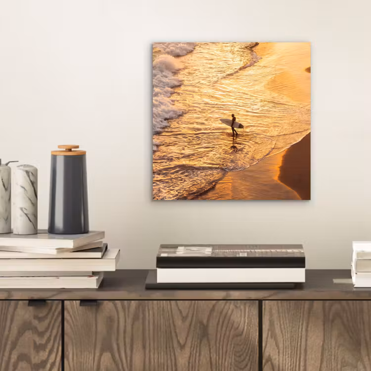 Surfer - Strand - Zonsondergang - Oceaan - Goud aluminium wit klein -sfeer1