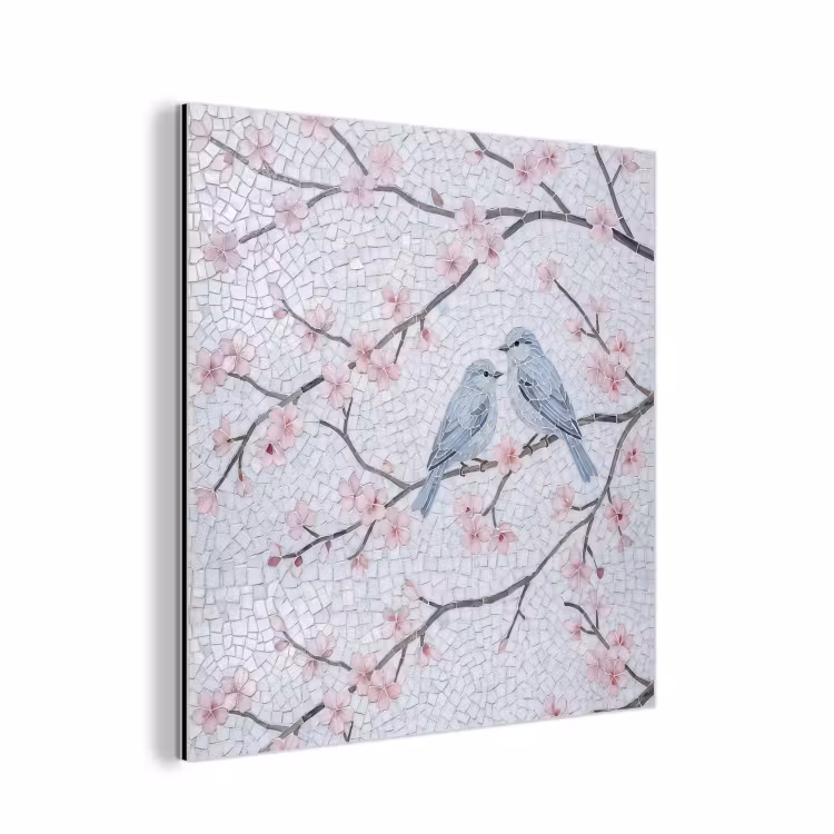 Vogel - Bloemen - Natuur - Mozaïek - Roze aluminium wit klein -3d