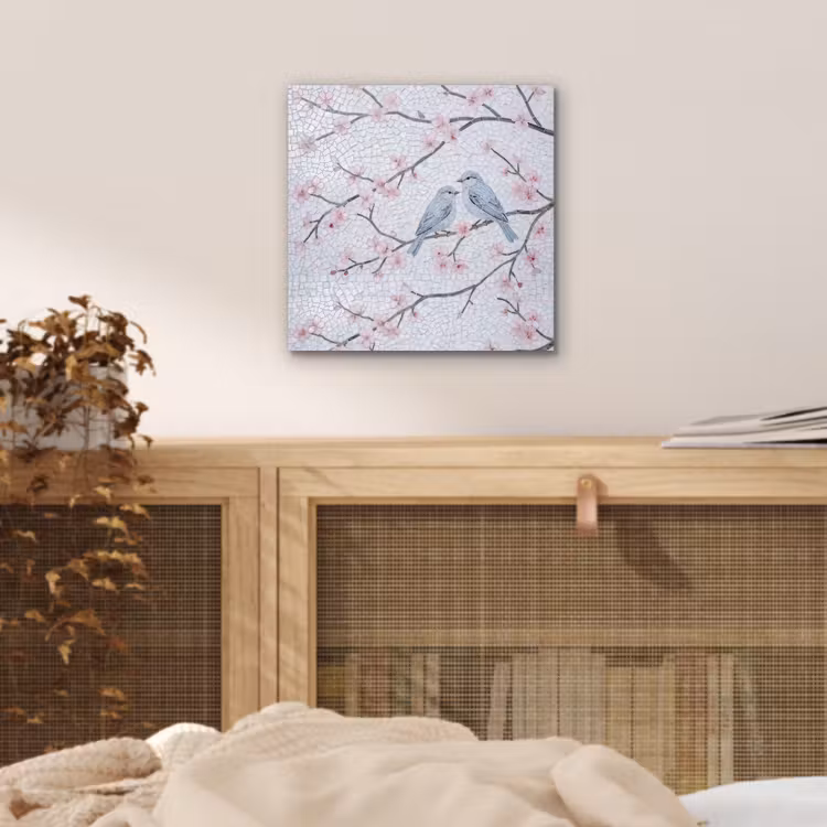 Vogel - Bloemen - Natuur - Mozaïek - Roze aluminium wit klein -sfeer3