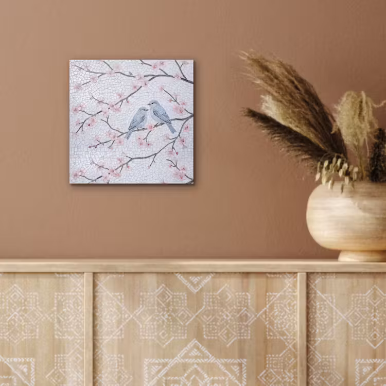 Vogel - Bloemen - Natuur - Mozaïek - Roze aluminium wit klein -sfeer4