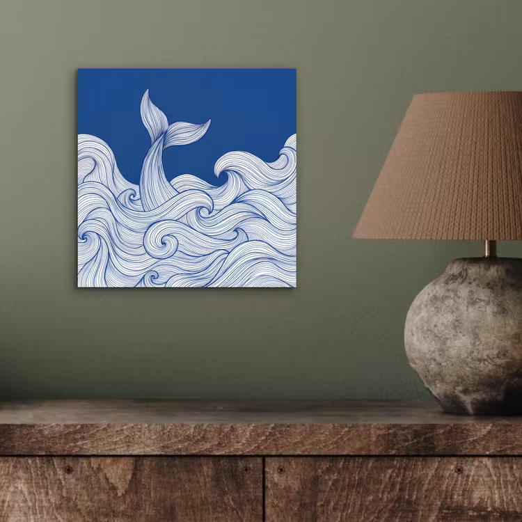 Walvis - Staart - Golven - Lijntekening - Blauw aluminium wit klein -sfeer2
