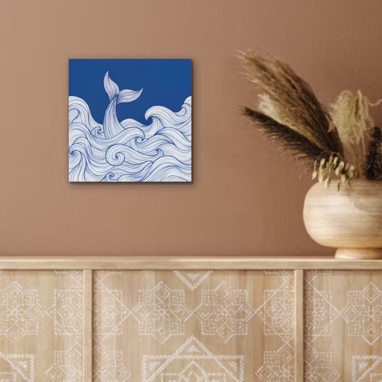 Walvis - Staart - Golven - Lijntekening - Blauw aluminium wit klein -sfeer4