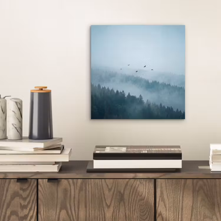 Bos - Mist - Vogels - Natuur - Groen aluminium wit klein -sfeer1