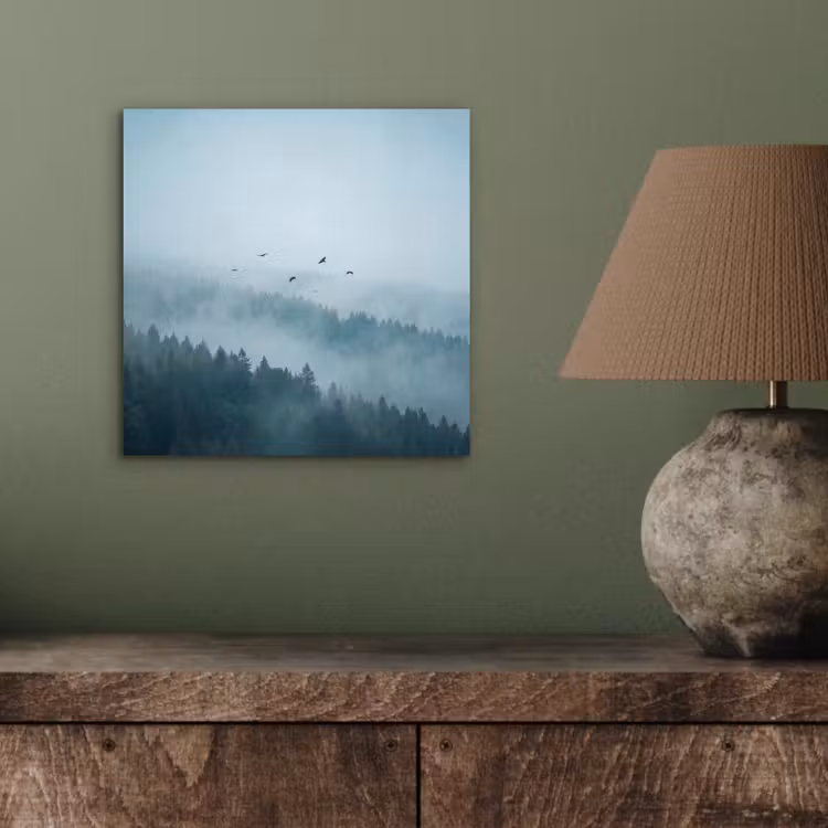 Bos - Mist - Vogels - Natuur - Groen aluminium wit klein -sfeer2