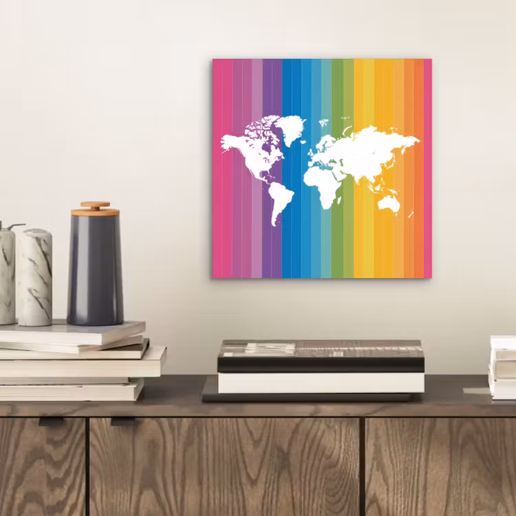 Wit - Wereldkaart - Regenboog - Banen aluminium wit klein -sfeer1