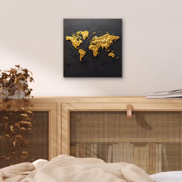 Wereldkaart - 3D Reliëf - Matzwart aluminium wit klein -sfeer3